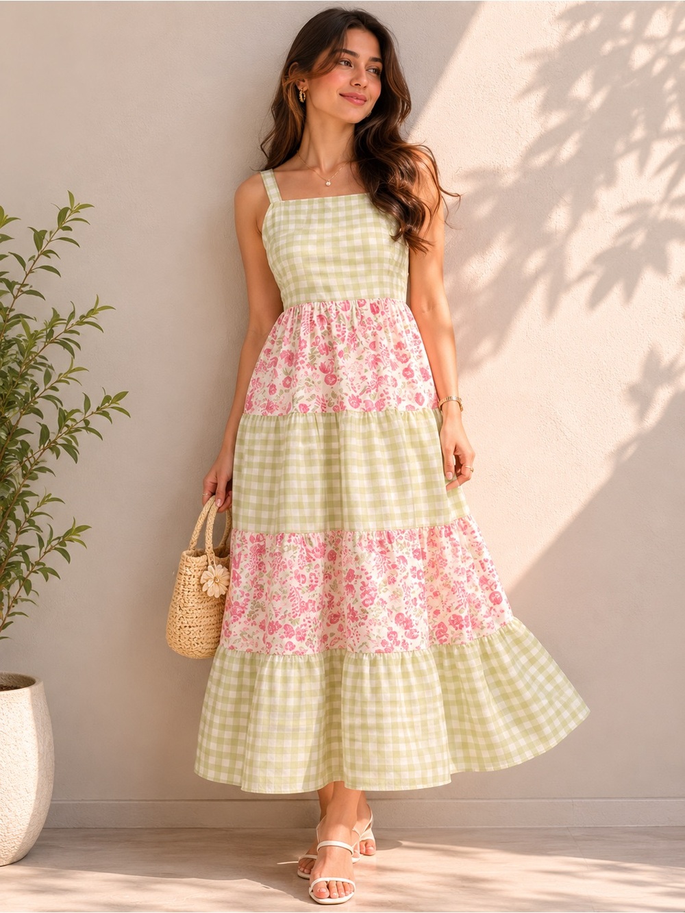 RACHEL ZOE Strappy Mixed Print Tiered Dress